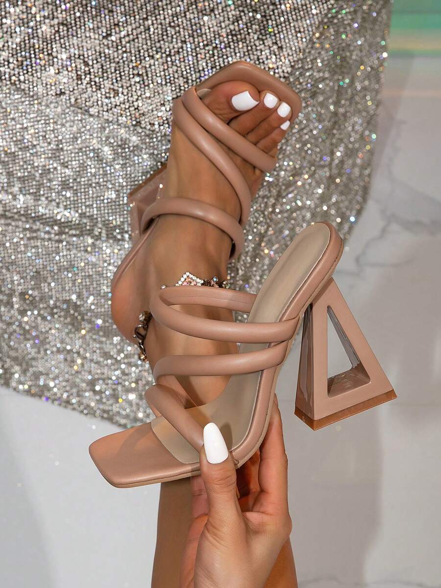 Women's High Heel Sandals, Summer New Comfortable Versatile Ladies Mule Slip-On Shoes, Elegant Fashion Asymmetric Heel Square Toe Khaki High Heels, Suitable For Beach, Party