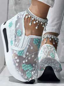 女士花卉刺绣网眼透气厚底便鞋，白色和绿色，开学季新款大码增高休闲运动鞋 - 白色&綠色 - 查看 3