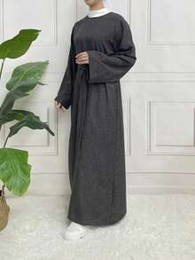 斋月圆领长袖卡夫坦连衣裙，优雅系腰超长连衣裙，女士服装 - 深灰色 - 查看 2