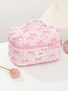 1 Peça Bolsa de Cosméticos Quadriculada Rosa para Mulher, com Zíper e Portátil, Fashionável e Fofa com Grande Capacidade, Acolchoada, Adequada para Armazenamento de Cosméticos, para Presente de Aniversário, para Dia da Mãe, Conjunto de Viagem de Estilo Doce