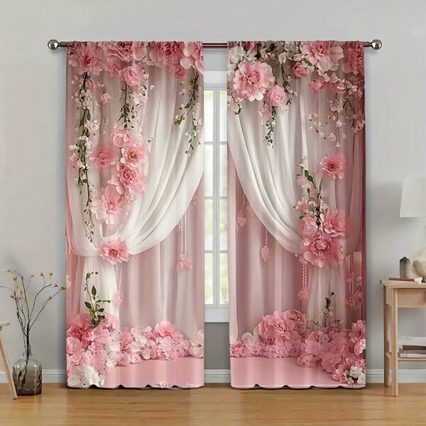 2 piezas de Cortinas con estampado de flores rosas y patrón floral, cortinas de ventana para boda/cita, cortinas con impresión digital de alta definición, instalación con bolsillo para barra, 100% poliéster, 90g/m², adecuadas para todas las estaciones, filtrado de luz, protección de la privacidad, bloqueo UV, cortinas decorativas