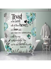1pc/4pcs Floral & Bible Verse, Flower & Butterfly Print Multi-Function Bathroom Decor Set Incl. Waterproof Shower Curtain With 12 Hooks, Non-Slip Bath Mat, U-Shaped Toilet Mat & Round Toilet Lid Cover, Suitable For Entire Bathroom Back To School