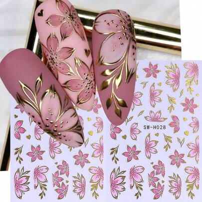 2 stuks roze bloemen nagelstickers, luxe gouden folie bloem- en plantmotief nagelstickers, 3D zelfklevende sliders, nagelbenodigdheden voor vrouwen, lente/zomer nagels