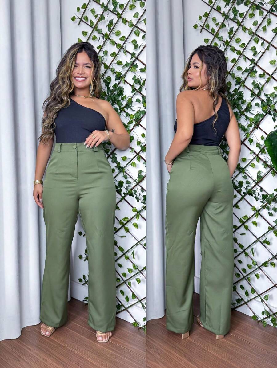 Women's Tailored Trousers High Waisted Wide Leg Boho Chic Autumn Winter With Pockets - 橄欖綠 - 查看 1