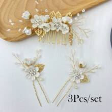 2/3/4 piezas Pasador de pelo con flores y perlas de imitación para mujer, y 1 peineta para bodas, fiestas, tocados estilo bohemio