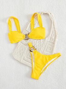 Nuovo bikini con decorazione in metallo a tinta unita, cinturino spesso, sexy schiena scoperta, costume da bagno alla moda estiva per donna, costume da bagno sexy a tinta unita con schiena scoperta