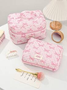 1 Peça Bolsa de Cosméticos Quadriculada Rosa para Mulher, com Zíper e Portátil, Fashionável e Fofa com Grande Capacidade, Acolchoada, Adequada para Armazenamento de Cosméticos, para Presente de Aniversário, para Dia da Mãe, Conjunto de Viagem de Estilo Doce
