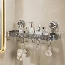 1pc Suction Cup Rectangular Bathroom Shelf, No-Drill Wall-Mounted Transparent Bathroom Organizer, Large Capacity With Hooks, Quick Drainage, Moisture-Proof, Ideal For Bathroom, Washbasin, Kitchen Storage Box Home Bathroom Decor Bathroom Accessories Bathroom Organizer Fall Decor Back To School