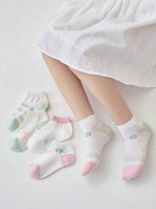 10 pares/5 pares Calcetines cortos para niñas y niños con diseños de dibujos animados, letras, rayas y moños en contraste con malla, transpirables y de secado rápido para el verano, la primavera, el otoño y actividades deportivas, regalos para niñas, niños, mamá y papá