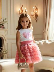 2pcs/Set Young Girls Heart Print Hollow-Out Camisole And Multi-Layer Ruffle Hem Skirt Set - White - View 1