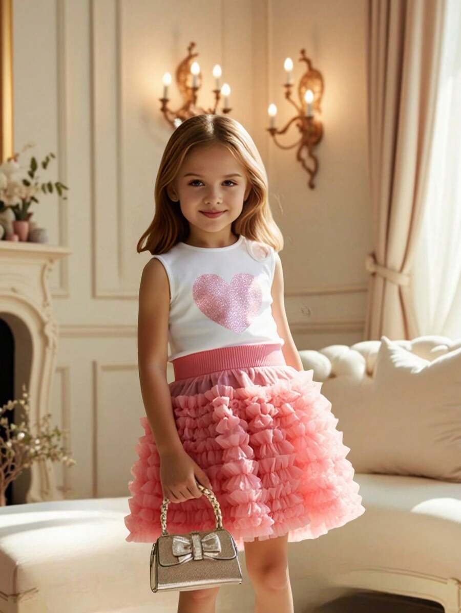 2pcs/Set Young Girls Heart Print Hollow-Out Camisole And Multi-Layer Ruffle Hem Skirt Set - White - View 1