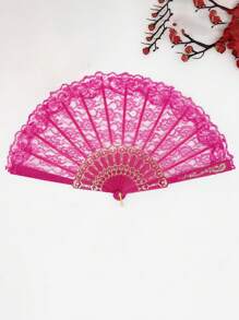 1pc Women's Lace Folding Fan, Suitable For Party Attire - Hot Pink - View 2