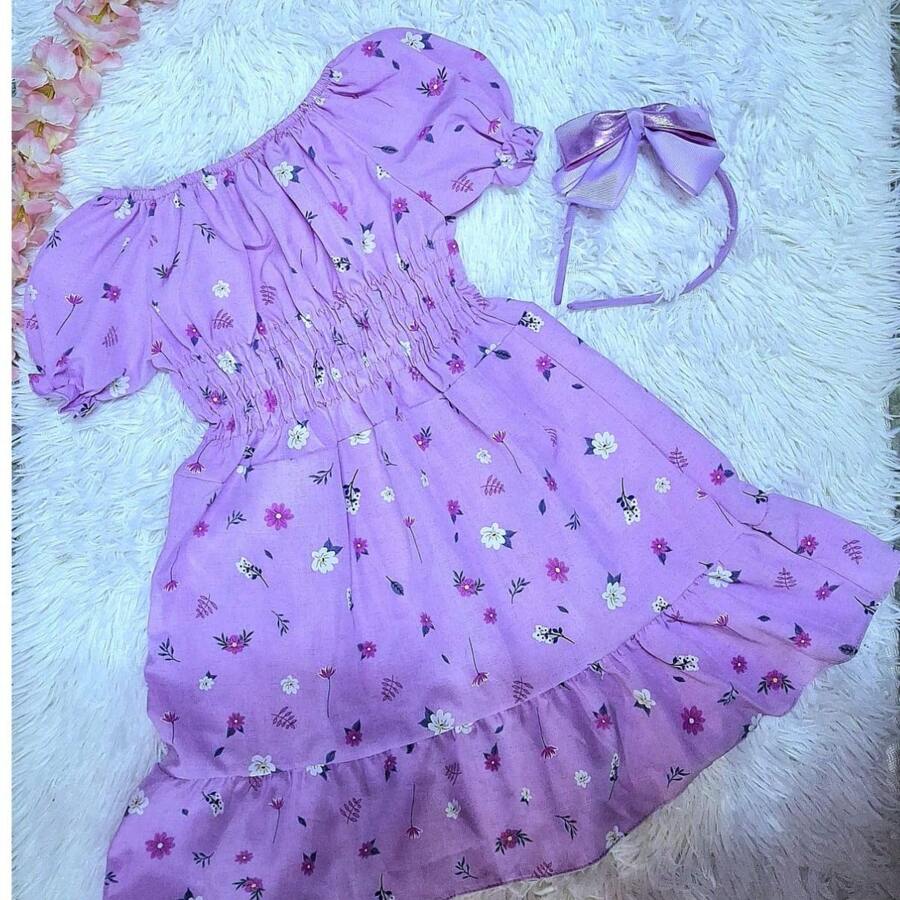 vestido verao lilas floral moda evangélica menina feminino infantil do 02 ao 10 - Multicolorido - Visão 1