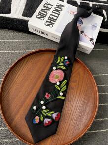 1 Stück schwarze Blumen Stickerei & Perlen Dekor Krawatte, matte Polyesterfaser, 48 cm extra lang, 3D-Stickerei, Perlen Akzente, verstellbarer Metallverschluss, elegante Abendgarderobe für Hochzeit, Jahrestag, Valentinstag