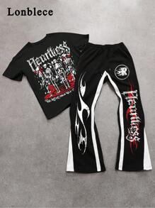 Lonblece Set de 2 piezas con camiseta de manga corta con estampado de letra y calavera de marca para hombres, y pantalones acampanados de color contrastante