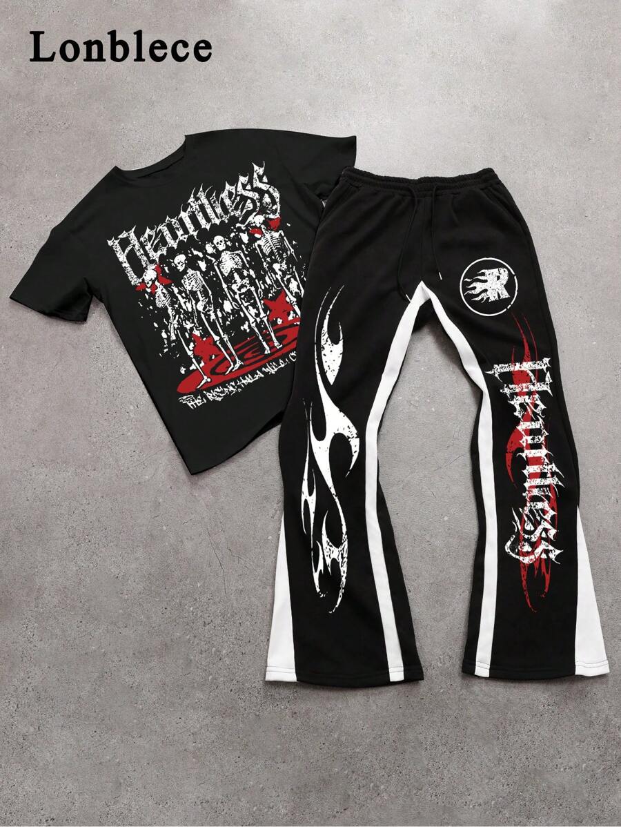 Lonblece Set de 2 piezas con camiseta de manga corta con estampado de letra y calavera de marca para hombres, y pantalones acampanados de color contrastante