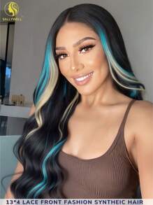 Long Wavy Ombre Highlight Blue To Brown Colorful Lace Front Wigs With Bangs For Women Long Curly Natural Heat Resistant Fiber Synthetic Blue Mixed White Wigs For Halloween Daily Use Party Cosplay