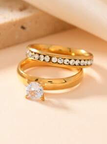 2 Stücke/Set einfache 4MM Zirkonia Dekor Edelstahl Ring für Frauen
