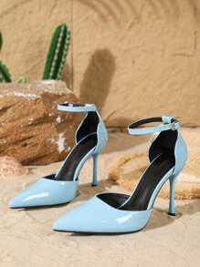 2025 年秋冬款 10 厘米高跟女式可调节带尖头优雅细高跟鞋，蓝色镜面 PU 皮革，适合日常穿着和派对，优雅，女式高跟鞋