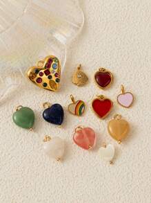 1Pc 18K Gold Plated Heart Charms, Natural Gemstone & Enamel Pendant, Rainbow, Red & Crystal Hearts, DIY Necklace & Bracelet Jewelry