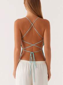 Womens Sequin Cami Tank Top Y2k Sparkly Floral Spaghetti Strap V Neck Slim Fit Camisole Crop Tops Sexy Backless Pearl Embellished Vests Shirts Bling Glitter Rhinestone Going Out Tops Party Club Streetwear - 藍色 - 查看 2