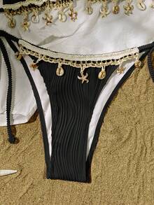 Women's Solid Color Beach Vacation Textured Fabric Shell Strap Triangle Cup Bikini Set - Black - View 4