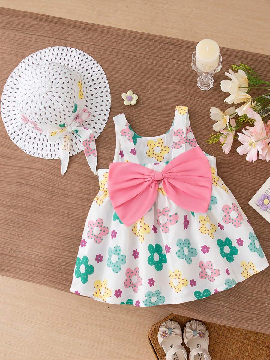 2pcs/Set Summer Baby Girls' Sleeveless Bow Colorful Floral Print Dress And Hat, Casual Holiday Beach Outfit - Pink - View 1