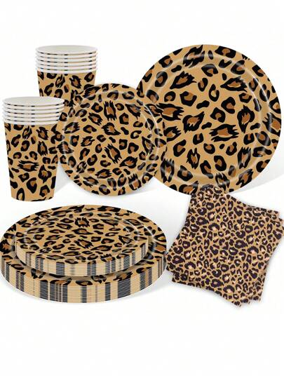 Cheetah Print Party Decorations Tableware, Leopard Print Plates, Party Supplies, For 8 Guests, Brown Cheetah Print Birthday Decorations, Tableware Plate Napkin, For Wild Animal Leopard Theme Birthday Party Decorations/Theme/Holiday/Family Picnic, Celebration, Gifts Mother's Day Graduation