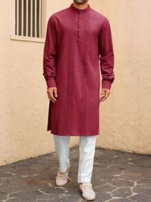 Runcati Men's Cotton Linen Kaftan Robe Long Sleeve Button-Down Thobe Casual Muslim Gown Henley Shirt - Wine Red - View 3