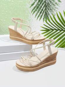 Sandali con zeppa da donna con cinturini incrociati, sandali casual versatili da esterno e da festa, suola comoda e leggera, tacco alto, cinturino elastico bianco puro, sandali da spiaggia beige