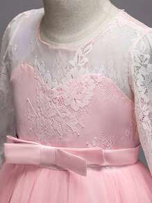 New Girls Long Sleeve Lace Dress, Children Princess Bow Mesh Tulle Dress, Christmas Wedding Flower Girl Piano Recital Costume (Please Select Size According To Chest Measurement In Size Chart) - Pink - View 5