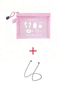 2Pcs/Set Mesh Cosmetic Bag With Data Cable Pattern,Wireless Headset Anti-Lost Rope, Wireless Earphone Silicone Hanging Strap, Red Air Cushion Storage Portable Storage Bag, Makeup Bag, Skincare Bag, Wireless Earphone Silicone Hanging Strap Travel Essentials