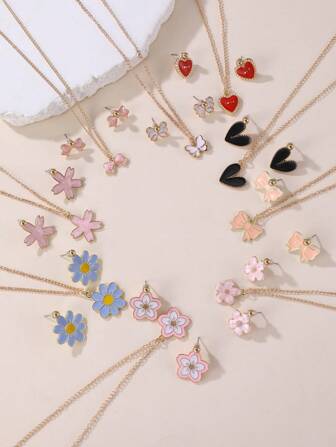 3 件套女孩花朵、心形、蝴蝶、雏菊项链和耳环首饰套装