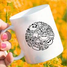 1个标准尺寸的迷人陶瓷杯。简约卡哇伊风格，圆形黑线图案点缀着各种可爱的猫咪表情。白色杯身可选配黑色杯沿和手柄（部分照片）。非常适合盛放饮料。猫咪爱好者和返校日日常使用的理想之选。