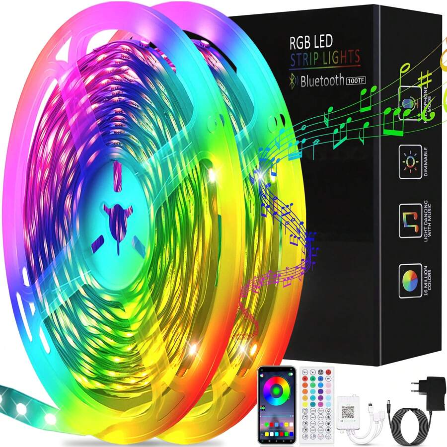 Tiras de luces LED RGB de 20/30 m - 16 millones de colores, autoadhesivas, control por aplicación y Bluetooth, regulables, sincronización con música para iluminación trasera de TV, fiestas, sala de estar y dormitorio