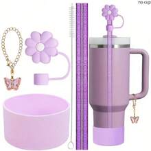 Set de 6 accesorios para taza de 40oz/30oz, incluye pajita con purpurina y cepillo, tapa con diseño de flor, bota de silicona, cadena con dije de mariposa, perfecto para deportes al aire libre, ideal como regalo para el Día de San Valentín, Día de la Madre y útiles escolares
