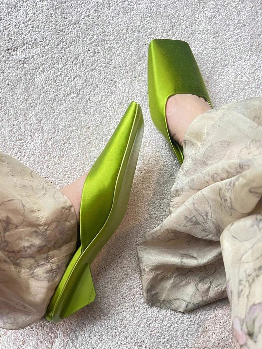 Women's Satin Slingback Mules Fashion Square Toe Thick Kitten Heel Slip On Slides Closed Toe Party Dress Pumps Woman - màu xanh lá - Xem 1