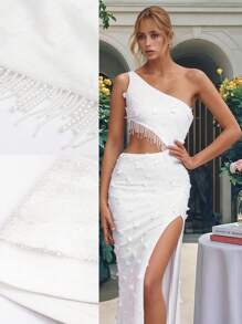 Glamorous Mesh-Paneled Sequin And Velvet Patchwork Slit Fitted Party Cocktail Evening Slip Dress, Wedding Guest Dress, Formal Dress,Gown - White - View 1