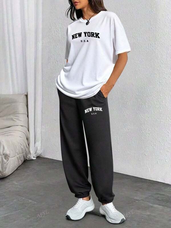 New York Printed Women's Casual Drop Shoulder Short Sleeve Suit Summer