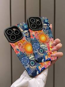 1 件多色复古涂鸦拼布太阳图案垂直条纹仿皮软保护手机壳适用于 Iphone 16/16Plus/16Pro/16ProMax & - 彩色 - 查看 4