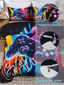 3pcs Set Stylish Video Game Controller Bedding Set, Comfortable Bedding, Includes 1pc Duvet Cover And 2pcs Pillow Shams, Made Of Skin-Friendly 100% Polyester, Suitable For Bedroom, Dorms And Traveling, For All Seasons