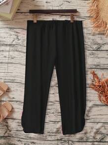 Plus Size Women Stretchy Solid Color Casual Pants - Black - View 2