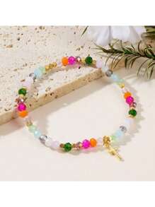 1pc Fashionable Card Cross & Square Crystal Beads Bracelet For Women