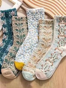5 Pairs Vintage Style Women Socks With Delicate Floral Patterns, Comfortable & Skin-Friendly, Adding Elegant Retro Vibe To Your Outfits - Multicolor - View 8