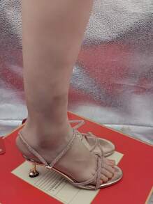 2025 Spring & Summer Fashionable Sexy Low Heel Rhinestone Decorated Roman Mid-Heel Sandals Niche Design For Ladies - Champagne - View 5