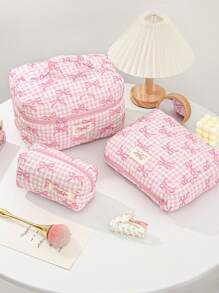 1 Peça Bolsa de Cosméticos Quadriculada Rosa para Mulher, com Zíper e Portátil, Fashionável e Fofa com Grande Capacidade, Acolchoada, Adequada para Armazenamento de Cosméticos, para Presente de Aniversário, para Dia da Mãe, Conjunto de Viagem de Estilo Doce