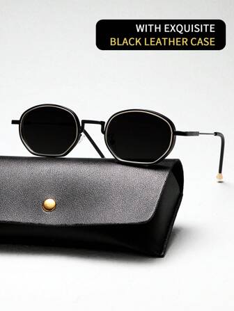 1 par de gafas de moda con montura de metal geométrica, estilo de vacaciones personalizado, gafas de moda retro casual con elegante estuche de cuero negro
