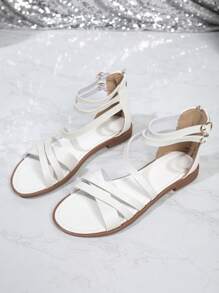 New Simple Vintage Style Flat Roman Sandals, Open Toe Casual Soft Sole Beach Shoes With Back Zipper