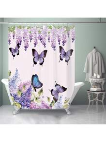 1 Pc/4 Pcs Hummingbird, Butterfly & Floral Pattern Multi-Functional Waterproof Bathroom Shower Curtain With 12 Hooks, Non-Slip Bath Mat, U-Shaped Toilet Mat & Round Toilet Lid Cover, Bathroom Set For Full Scene Use Back To School