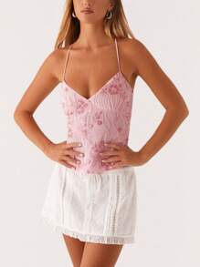 Womens Sequin Beaded Cami Tank Top Y2k Sparkly Floral Spaghetti Strap V Neck Slim Fit Camisole Crop Tops Sexy Backless Pearl Embellished Vests Shirts Bling Glitter Rhinestone Going Out Tops Party Club Streetwear